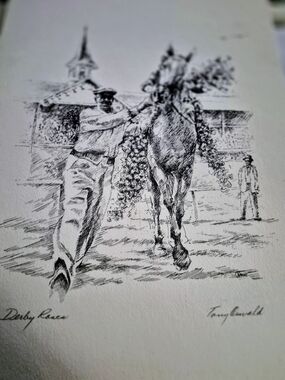 Tony Oswall Derby Races Pen & Ink Print - Black Horse Racing Illustration